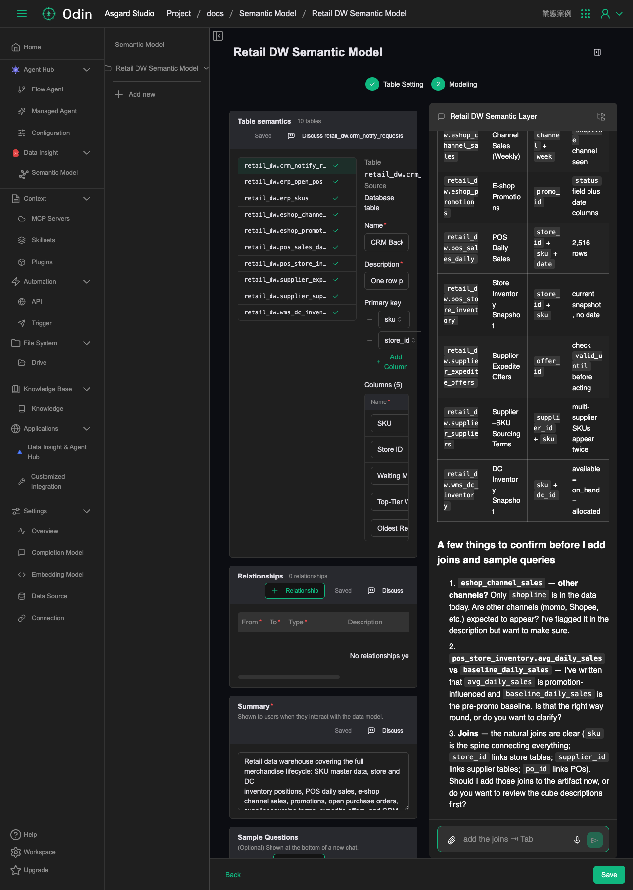 Modeling complete, all 10 tables have schemas, the left side showing one table's Description / Primary Key / Columns, with the AI assistant confirming a few business-logic questions before adding relationships
