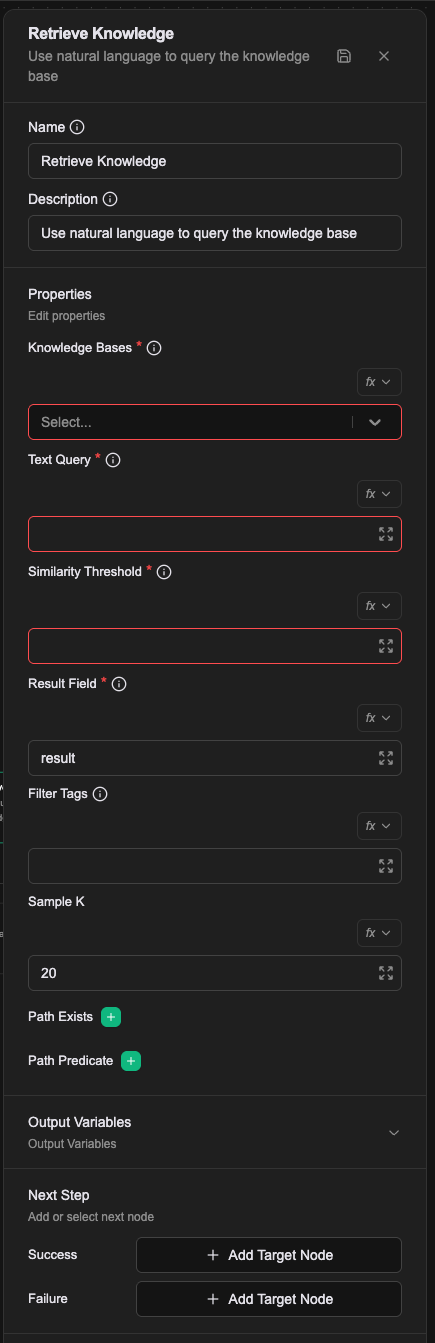 The Retrieve Knowledge property panel: Knowledge Bases, Text Query, Similarity Threshold and more