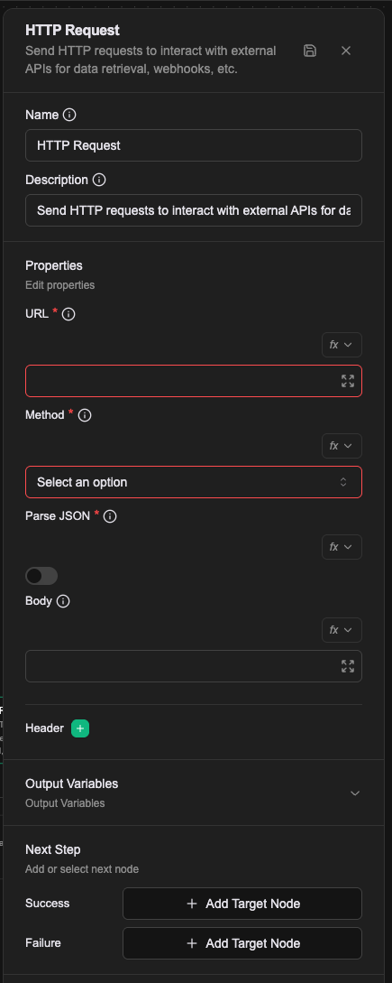 The HTTP Request property panel: URL, Method, Parse JSON, Body, Header