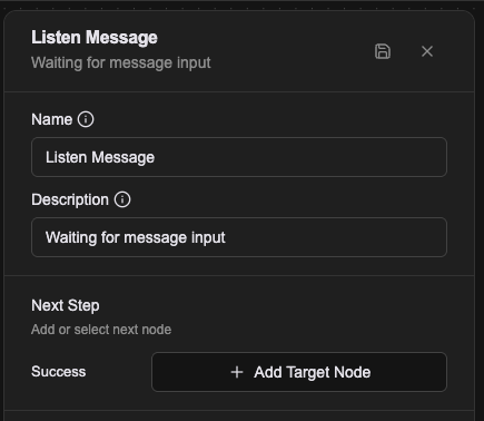 The Listen Message property panel: Name and Description only, no Properties section