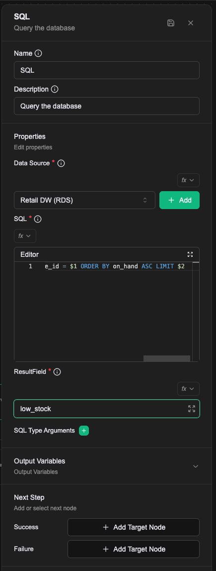 The filled panel: Data Source set to Retail DW (RDS), the query in the SQL editor, ResultField set to low_stock
