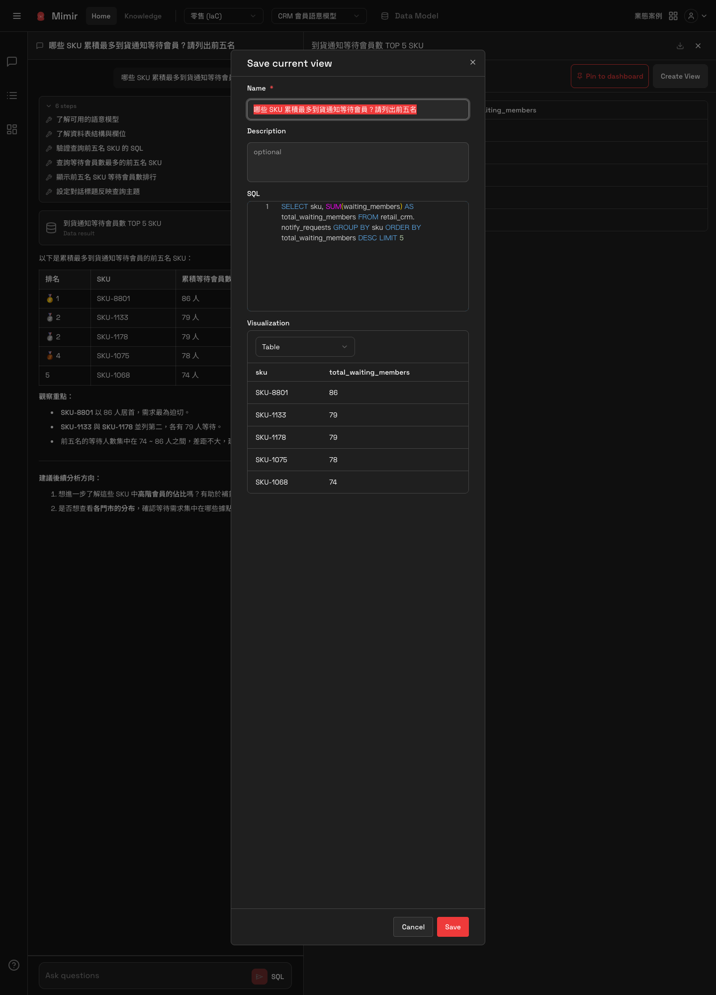 Save current view ダイアログ。Name、Description、SQL、および Visualization の表示形式