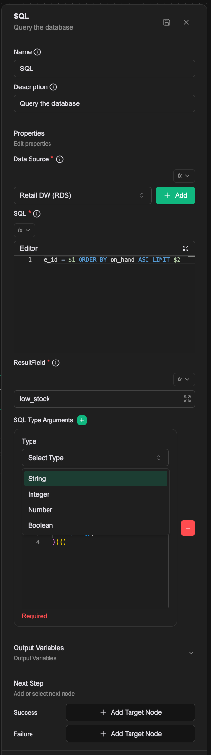 Type のドロップダウンが開き、String、Integer、Number、Boolean が並んでいる